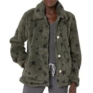 NWT PJ Salvage Cozy Button Up Jacket w/ Pockets in Olive Green Black Stars Small